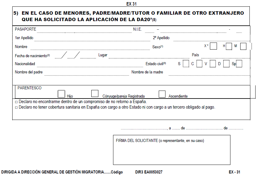 Modelo EX-31 para Menor de Asilo Sección 5