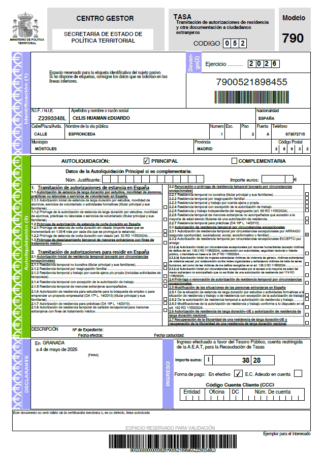 Tasa 790-052 Regularización 2026